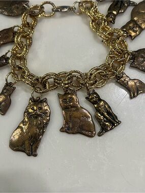 Vintage Brass Cat Charm Bracelet + Earrings & Pendant Set